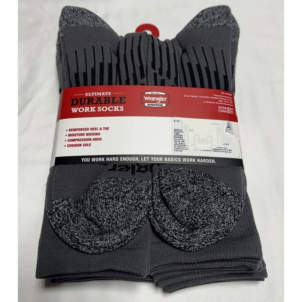 Wrangler 6 Pair Men Ultimate Durable Work Socks Sz 6-12 Reinforced Toe Gray New